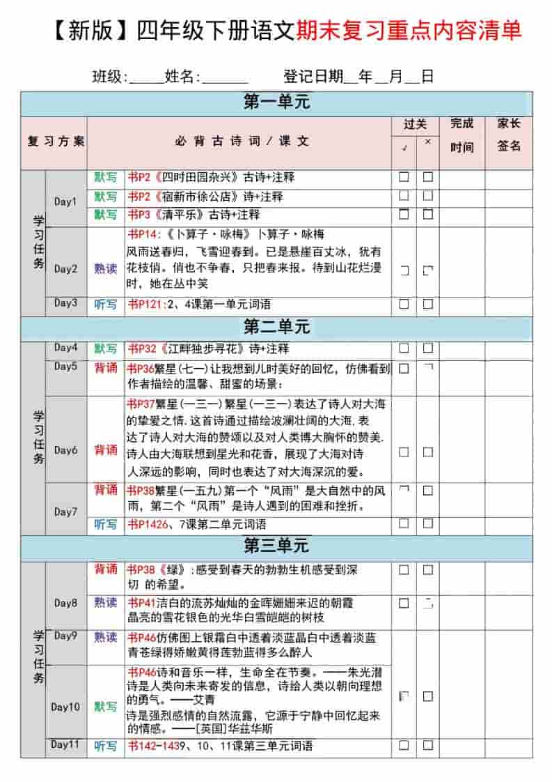 四年级下语文期末复习重点知识清单