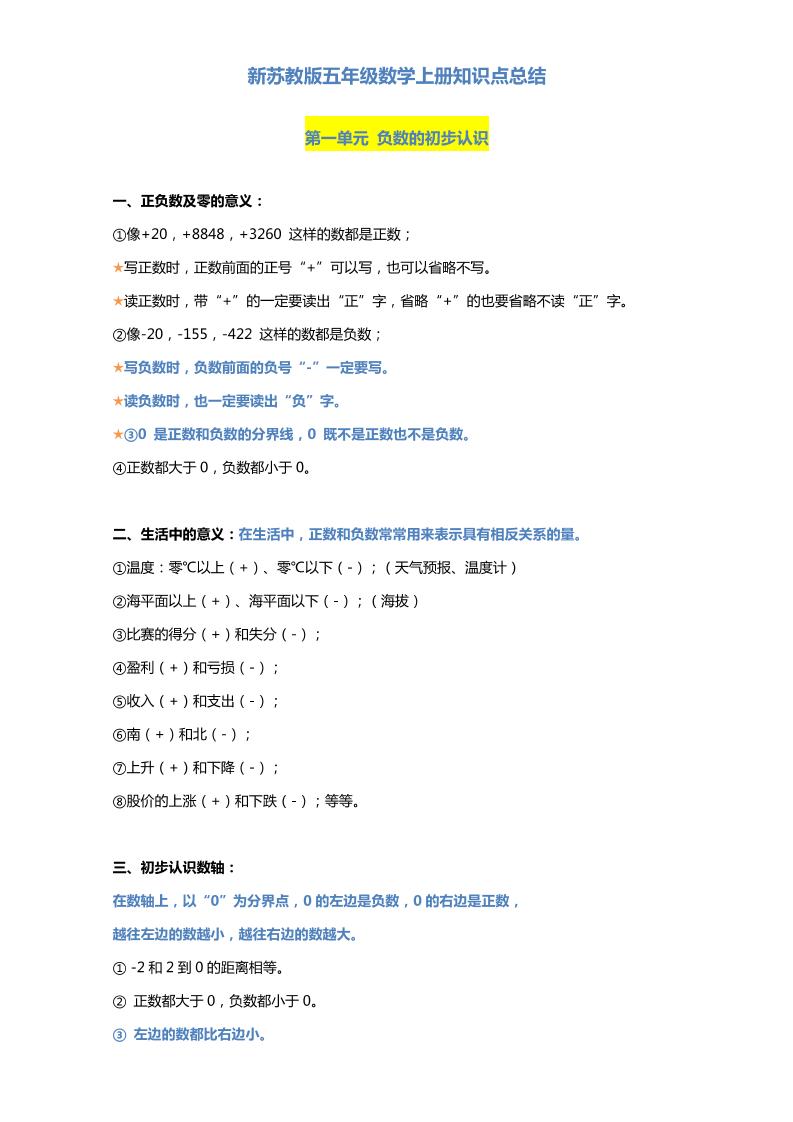 五上苏教版数学知识点汇总预习