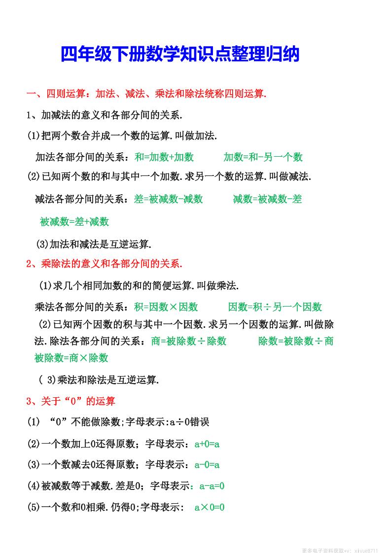 四年级下数学知识点整理归纳