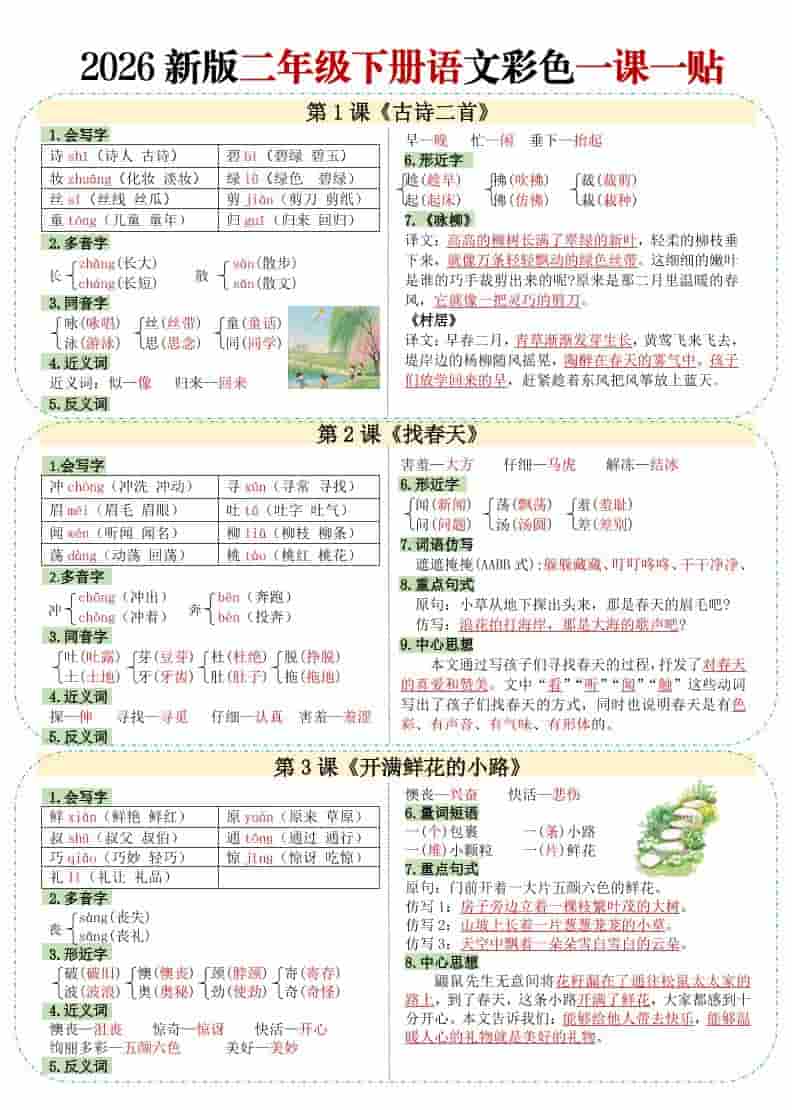 二年级下语文【彩色重点一课一贴】