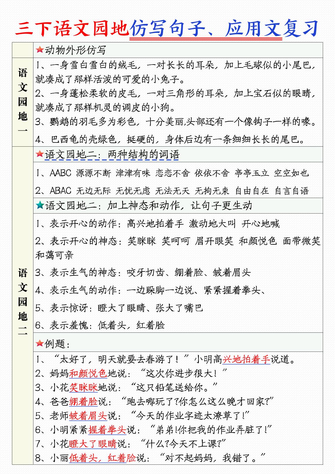 三下语文1-8单元语文园地句子仿写+应用文专练（9页）