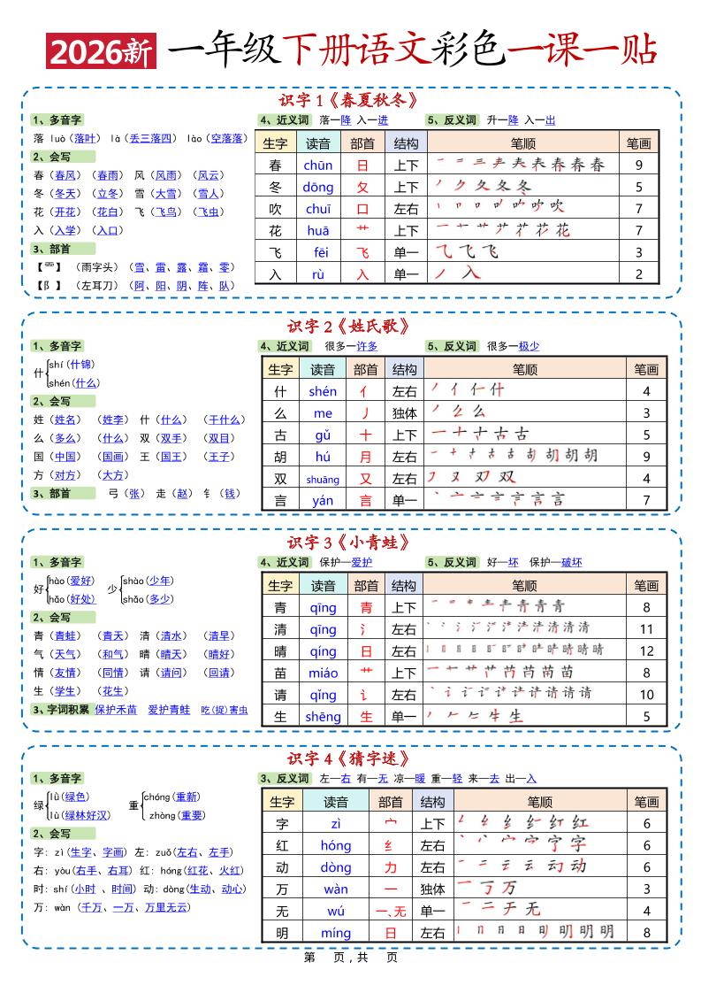 新一年级下语文彩色一课一贴