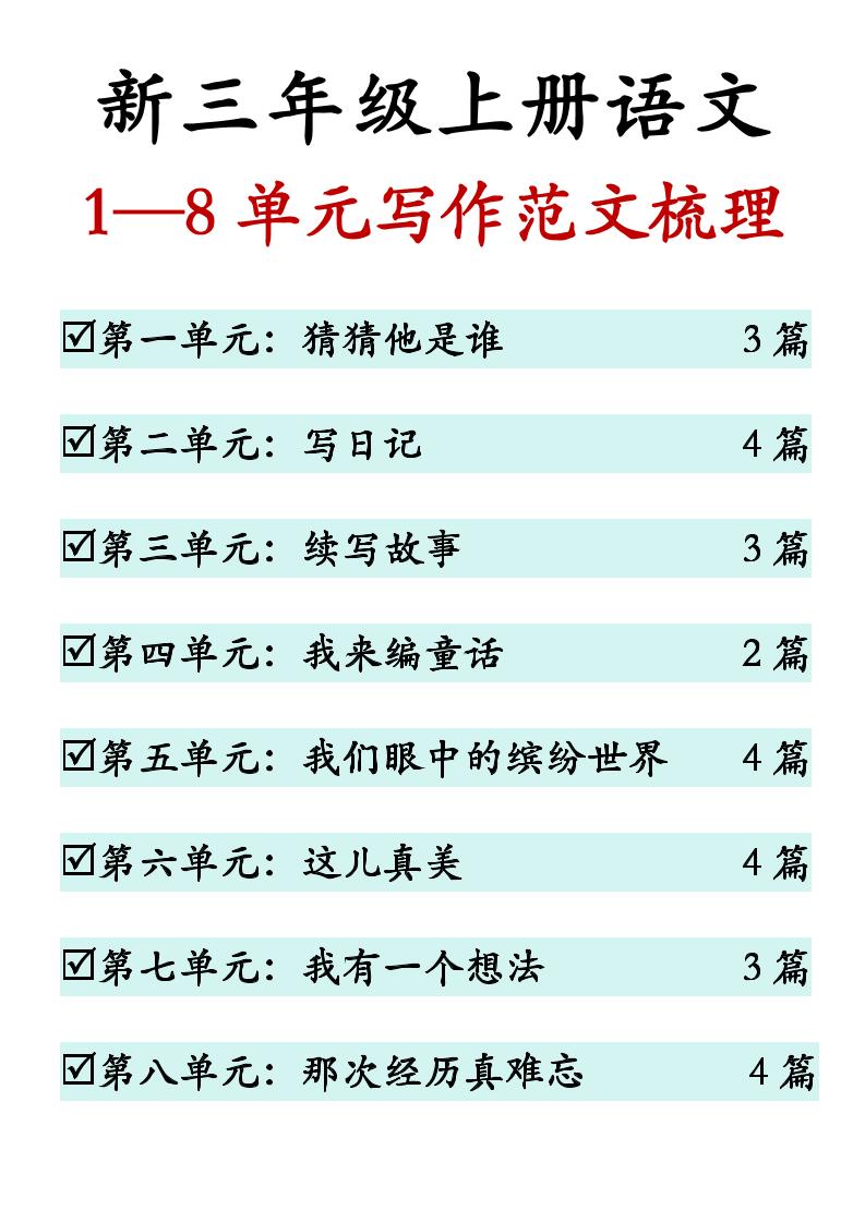 新三上语文1-8单元同步作文范文（27页）