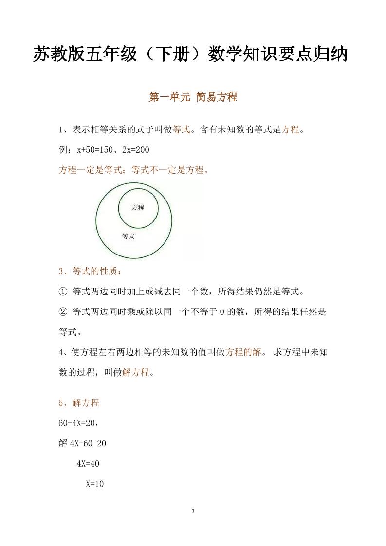 五下数学：苏教版数学知识点归纳