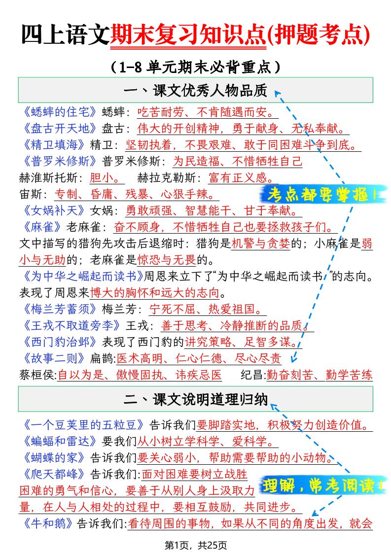 四年级上语文期末复习知识点(押题考点)