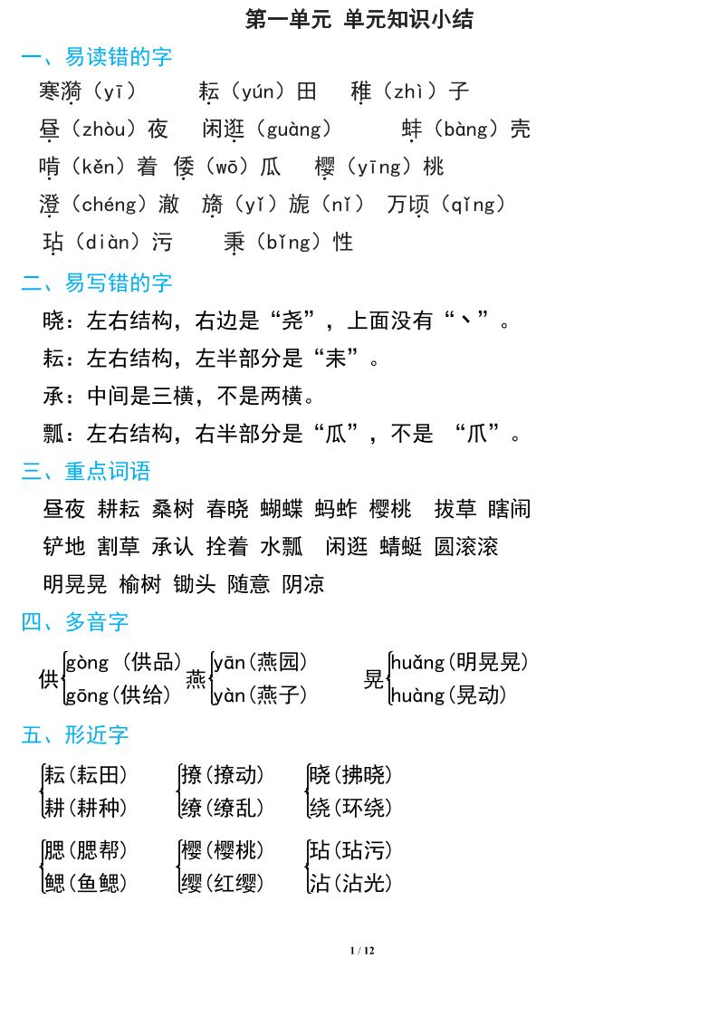 语文五年级下册期中复习知识要点