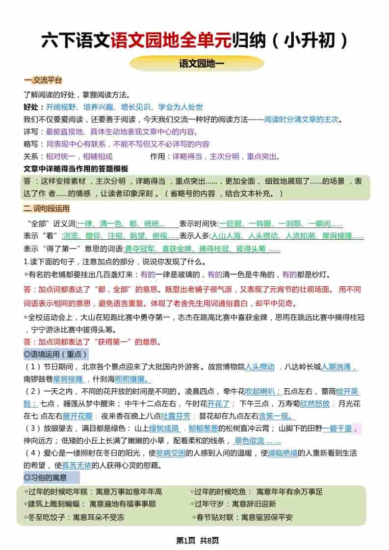 六年级下语文小升初园地全册重点归纳