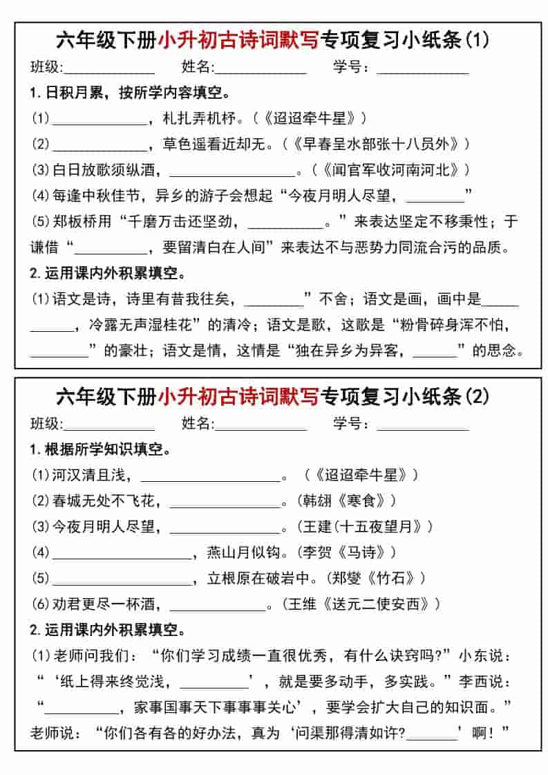 六年级下语文小升初专题训练古诗词默写填空小纸条