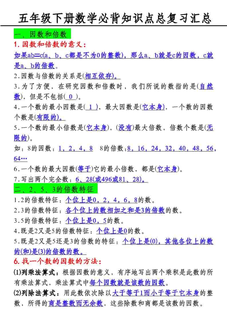 五年级下数学必背知识点总复习汇总