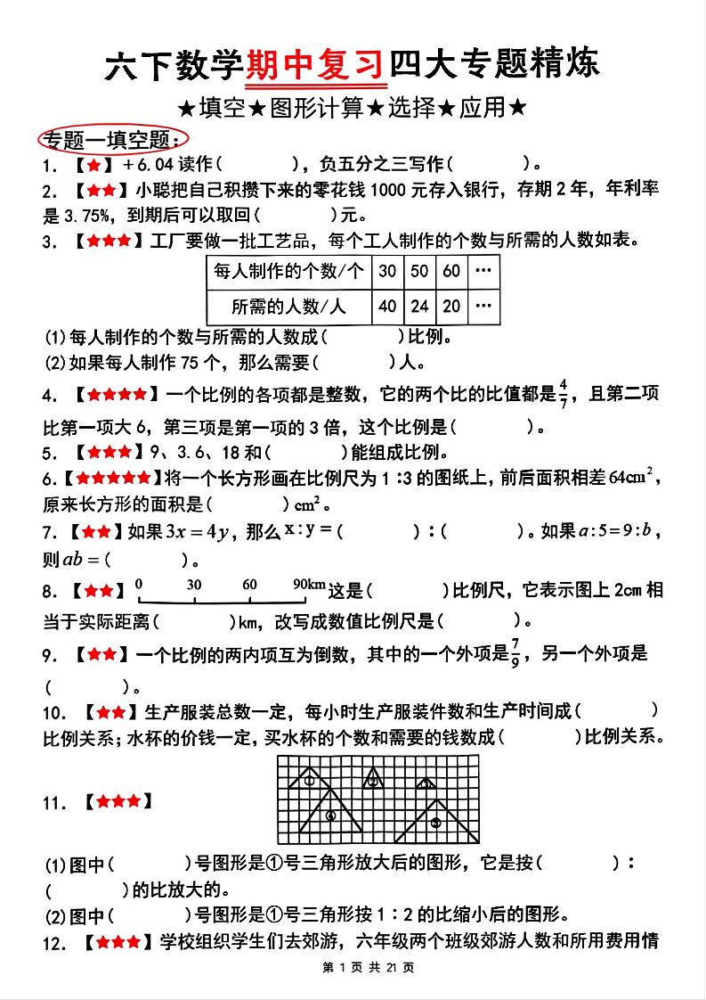 【人教版】六下数学期中复习四大专题精炼（专题一：填空题）(已优化)